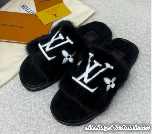 Good Quality Louis Vuitton Mink Fur Flat Slipper Black 2025 LV082901 0829004