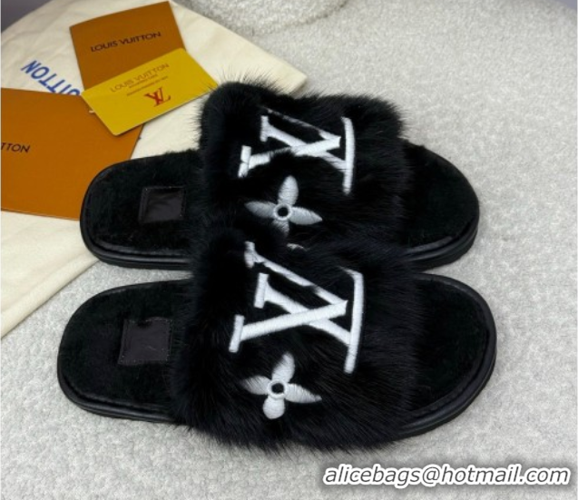 Good Quality Louis Vuitton Mink Fur Flat Slipper Black 2025 LV082901 0829004