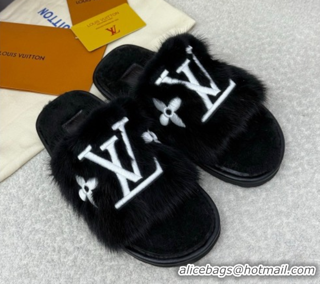 Good Quality Louis Vuitton Mink Fur Flat Slipper Black 2025 LV082901 0829004