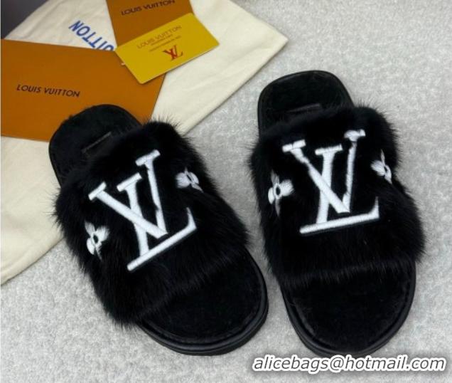 Good Quality Louis Vuitton Mink Fur Flat Slipper Black 2025 LV082901 0829004