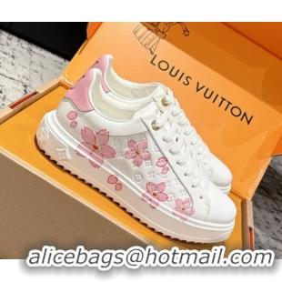 Sophisticated Louis Vuitton LV x TM Time Out Sneakers in Monogram Leather with Cherry Blossom Print White/Pink 0829005 