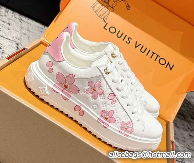 Sophisticated Louis Vuitton LV x TM Time Out Sneakers in Monogram Leather with Cherry Blossom Print White/Pink 0829005 