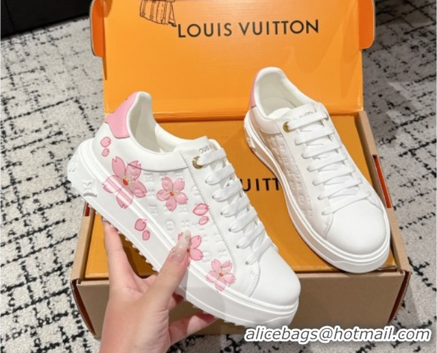 Sophisticated Louis Vuitton LV x TM Time Out Sneakers in Monogram Leather with Cherry Blossom Print White/Pink 0829005 