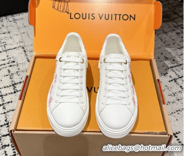 Sophisticated Louis Vuitton LV x TM Time Out Sneakers in Monogram Leather with Cherry Blossom Print White/Pink 0829005 