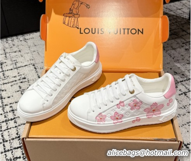 Sophisticated Louis Vuitton LV x TM Time Out Sneakers in Monogram Leather with Cherry Blossom Print White/Pink 0829005 