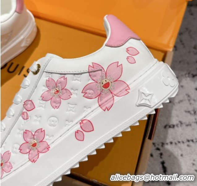 Sophisticated Louis Vuitton LV x TM Time Out Sneakers in Monogram Leather with Cherry Blossom Print White/Pink 0829005 