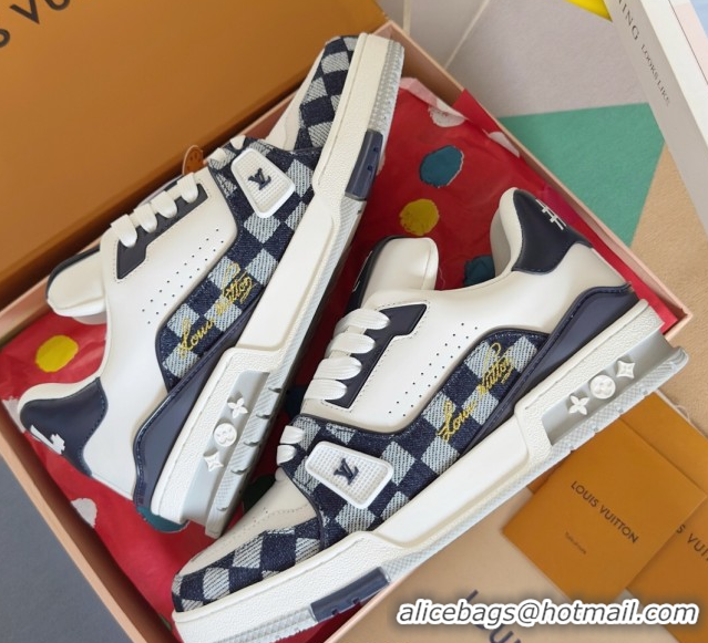 Grade Quality Louis Vuitton LV Trainer Sneakers in Leather and Damier Canvas 1AIN14 White/Blue