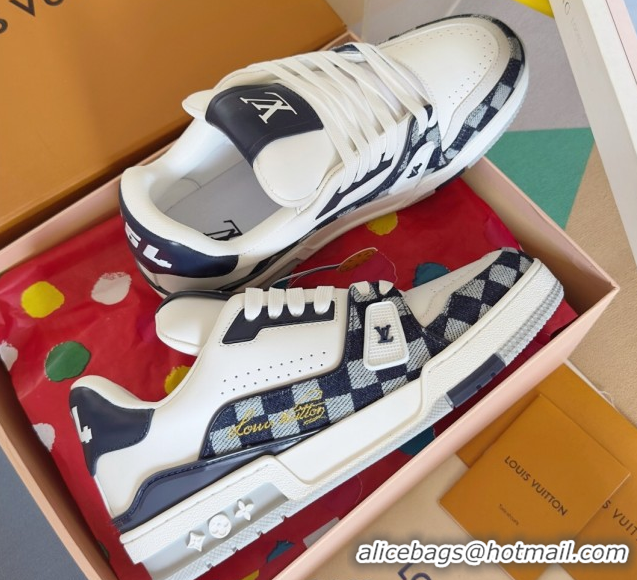 Grade Quality Louis Vuitton LV Trainer Sneakers in Leather and Damier Canvas 1AIN14 White/Blue