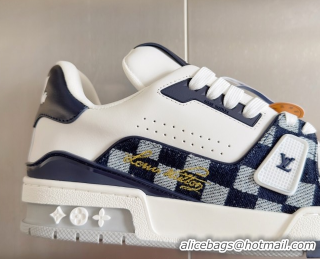 Grade Quality Louis Vuitton LV Trainer Sneakers in Leather and Damier Canvas 1AIN14 White/Blue