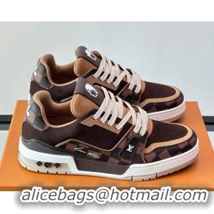 Pretty Style Louis Vuitton LV Trainer Sneakers in Nubuck Leather and Damier Canvas 1AIN14 Brown