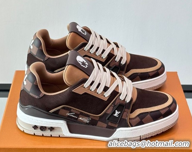 Pretty Style Louis Vuitton LV Trainer Sneakers in Nubuck Leather and Damier Canvas 1AIN14 Brown