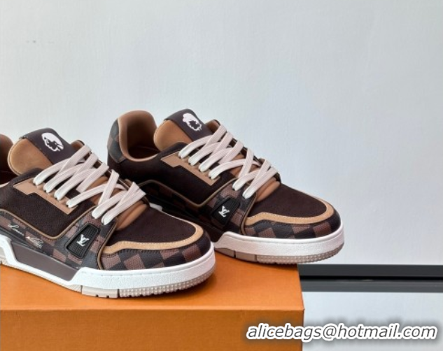 Pretty Style Louis Vuitton LV Trainer Sneakers in Nubuck Leather and Damier Canvas 1AIN14 Brown
