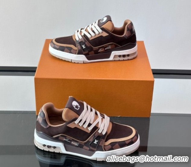 Pretty Style Louis Vuitton LV Trainer Sneakers in Nubuck Leather and Damier Canvas 1AIN14 Brown