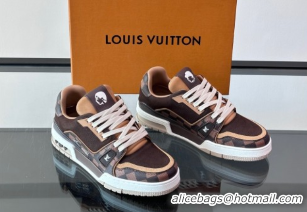 Pretty Style Louis Vuitton LV Trainer Sneakers in Nubuck Leather and Damier Canvas 1AIN14 Brown