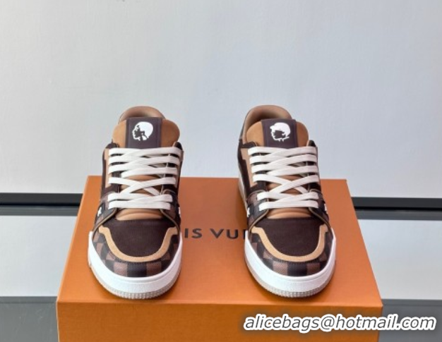 Pretty Style Louis Vuitton LV Trainer Sneakers in Nubuck Leather and Damier Canvas 1AIN14 Brown