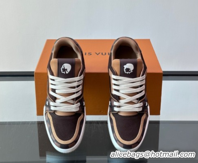 Pretty Style Louis Vuitton LV Trainer Sneakers in Nubuck Leather and Damier Canvas 1AIN14 Brown