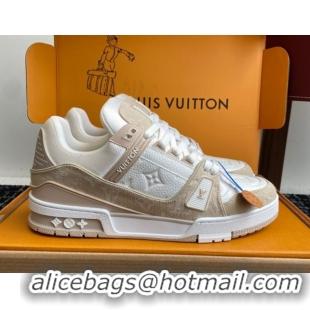 Buy Discount Louis Vuitton LV Trainer Sneakers in Leather and Denim 1AIKOM White/Beige 0829027
