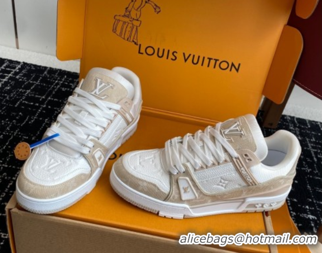 Buy Discount Louis Vuitton LV Trainer Sneakers in Leather and Denim 1AIKOM White/Beige 0829027