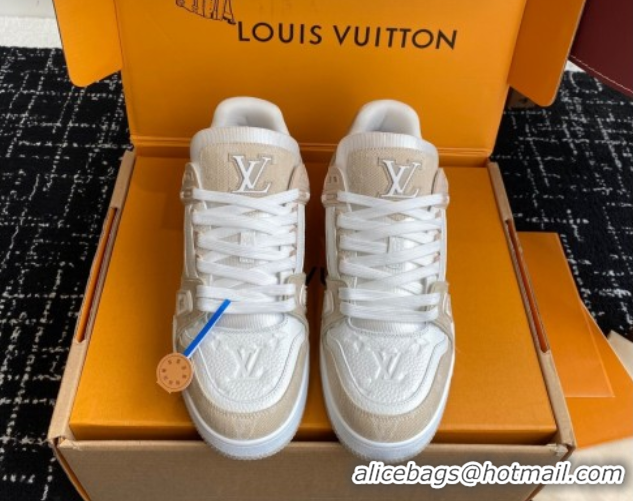 Buy Discount Louis Vuitton LV Trainer Sneakers in Leather and Denim 1AIKOM White/Beige 0829027