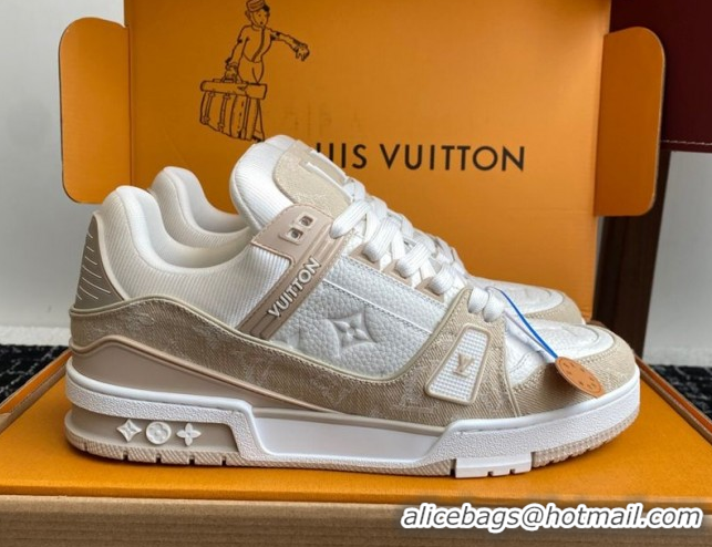 Buy Discount Louis Vuitton LV Trainer Sneakers in Leather and Denim 1AIKOM White/Beige 0829027