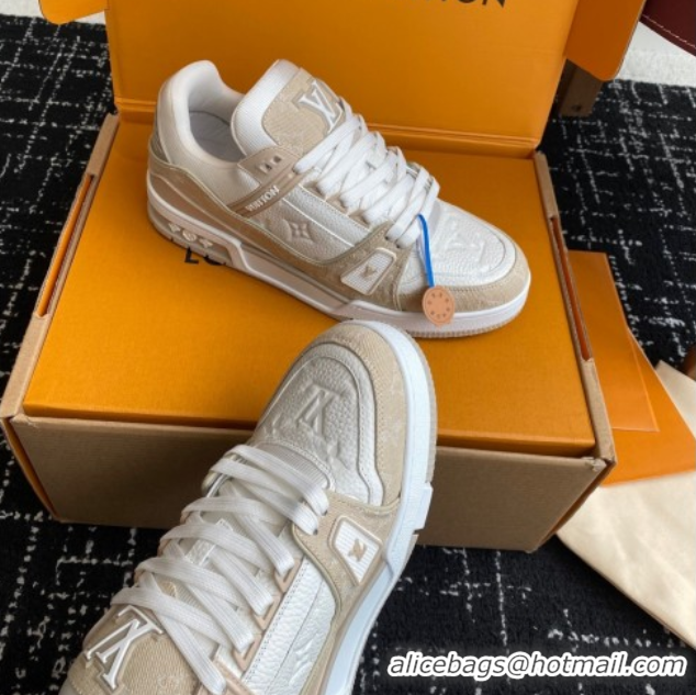 Buy Discount Louis Vuitton LV Trainer Sneakers in Leather and Denim 1AIKOM White/Beige 0829027