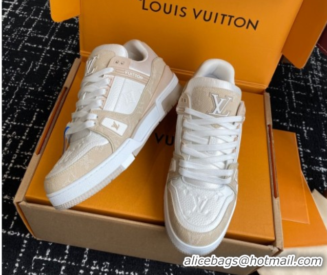 Buy Discount Louis Vuitton LV Trainer Sneakers in Leather and Denim 1AIKOM White/Beige 0829027
