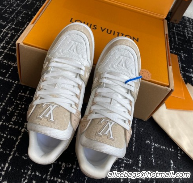 Buy Discount Louis Vuitton LV Trainer Sneakers in Leather and Denim 1AIKOM White/Beige 0829027