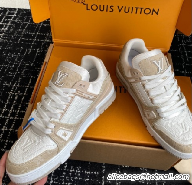 Buy Discount Louis Vuitton LV Trainer Sneakers in Leather and Denim 1AIKOM White/Beige 0829027