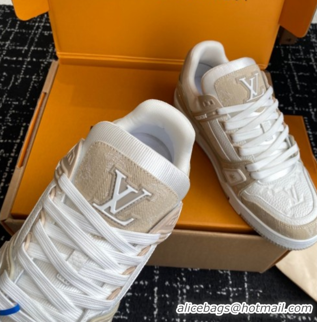 Buy Discount Louis Vuitton LV Trainer Sneakers in Leather and Denim 1AIKOM White/Beige 0829027