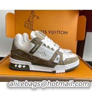 Best Price Louis Vuitton LV Trainer Sneakers in Leather and Denim 1AIKOM White/Green 0829028