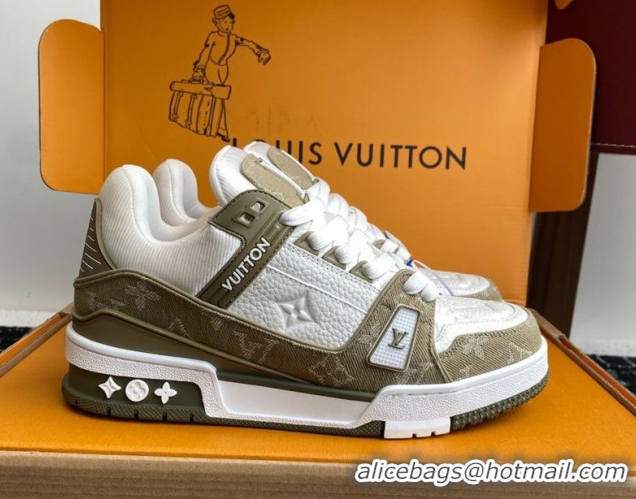 Best Price Louis Vuitton LV Trainer Sneakers in Leather and Denim 1AIKOM White/Green 0829028