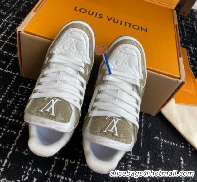 Best Price Louis Vuitton LV Trainer Sneakers in Leather and Denim 1AIKOM White/Green 0829028
