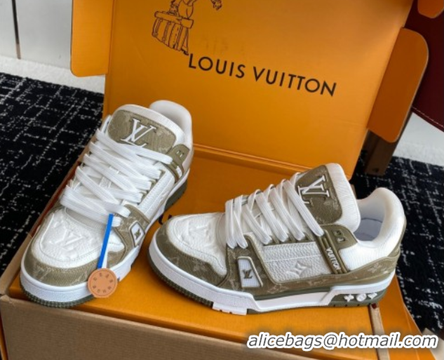 Best Price Louis Vuitton LV Trainer Sneakers in Leather and Denim 1AIKOM White/Green 0829028