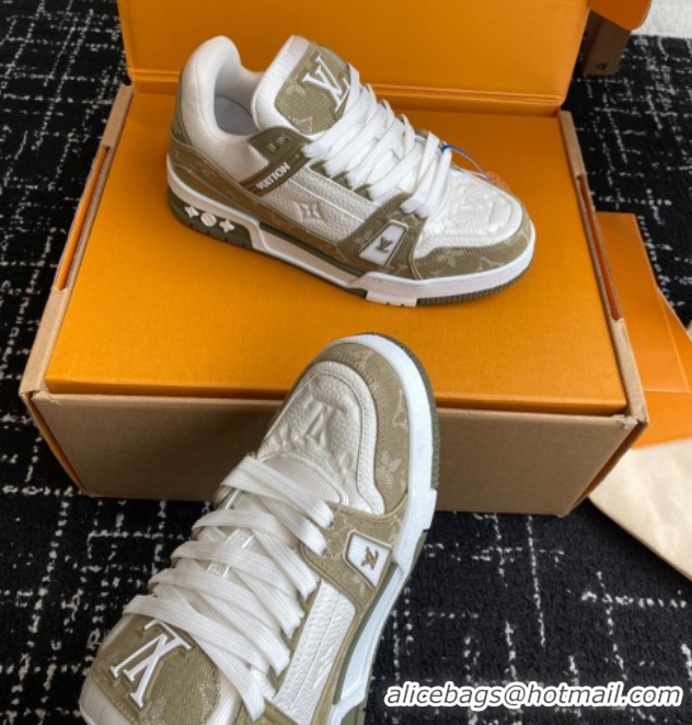 Best Price Louis Vuitton LV Trainer Sneakers in Leather and Denim 1AIKOM White/Green 0829028
