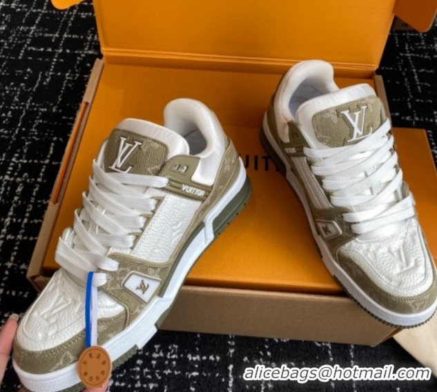Best Price Louis Vuitton LV Trainer Sneakers in Leather and Denim 1AIKOM White/Green 0829028