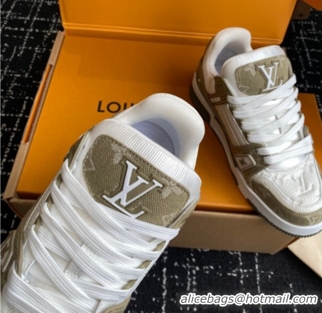 Best Price Louis Vuitton LV Trainer Sneakers in Leather and Denim 1AIKOM White/Green 0829028