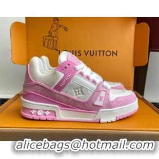 Purchase Louis Vuitton LV Trainer Sneakers in Leather and Denim 1AIKOM White/Pink 0829029