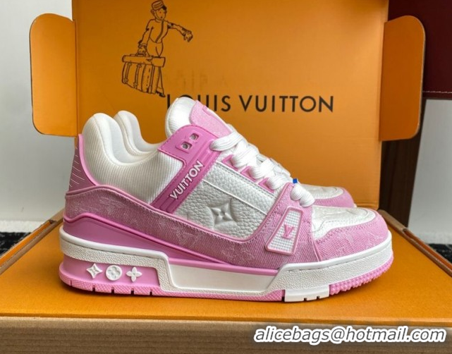 Purchase Louis Vuitton LV Trainer Sneakers in Leather and Denim 1AIKOM White/Pink 0829029