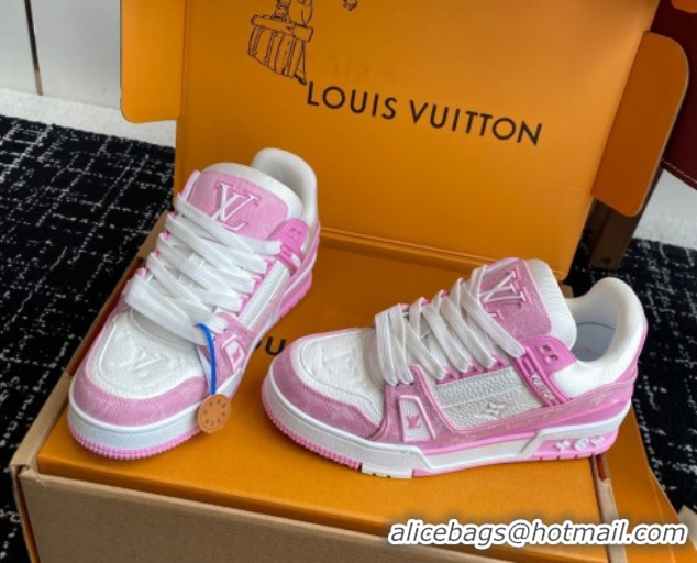 Purchase Louis Vuitton LV Trainer Sneakers in Leather and Denim 1AIKOM White/Pink 0829029