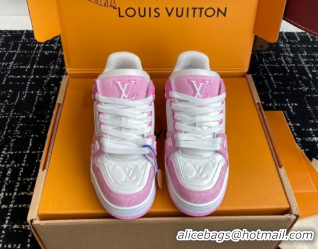 Purchase Louis Vuitton LV Trainer Sneakers in Leather and Denim 1AIKOM White/Pink 0829029