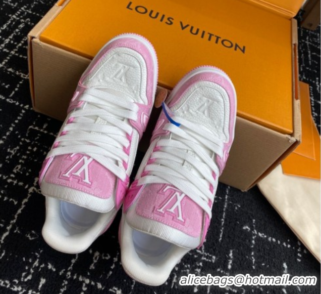Purchase Louis Vuitton LV Trainer Sneakers in Leather and Denim 1AIKOM White/Pink 0829029