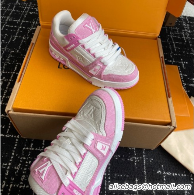 Purchase Louis Vuitton LV Trainer Sneakers in Leather and Denim 1AIKOM White/Pink 0829029