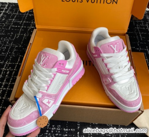 Purchase Louis Vuitton LV Trainer Sneakers in Leather and Denim 1AIKOM White/Pink 0829029