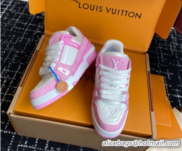 Purchase Louis Vuitton LV Trainer Sneakers in Leather and Denim 1AIKOM White/Pink 0829029