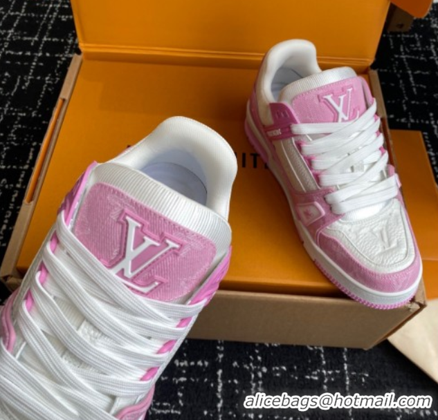 Purchase Louis Vuitton LV Trainer Sneakers in Leather and Denim 1AIKOM White/Pink 0829029