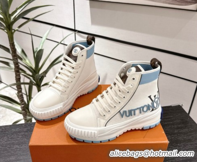 Big Discount Louis Vuitton Canvas and Leather High Top Sneakers White/Blue 2025 LV082902 0829038
