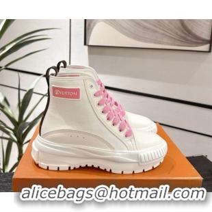 Stylish Louis Vuitton Canvas and Leather High Top Sneakers White/Light Pink 2025 LV082903 0829043