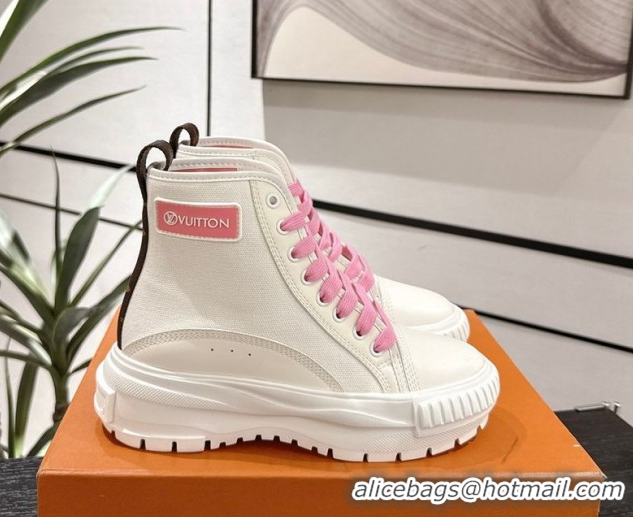 Stylish Louis Vuitton Canvas and Leather High Top Sneakers White/Light Pink 2025 LV082903 0829043