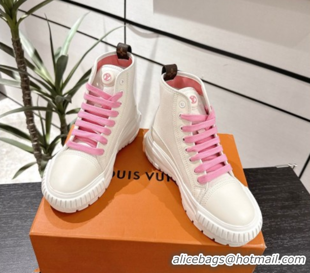 Stylish Louis Vuitton Canvas and Leather High Top Sneakers White/Light Pink 2025 LV082903 0829043