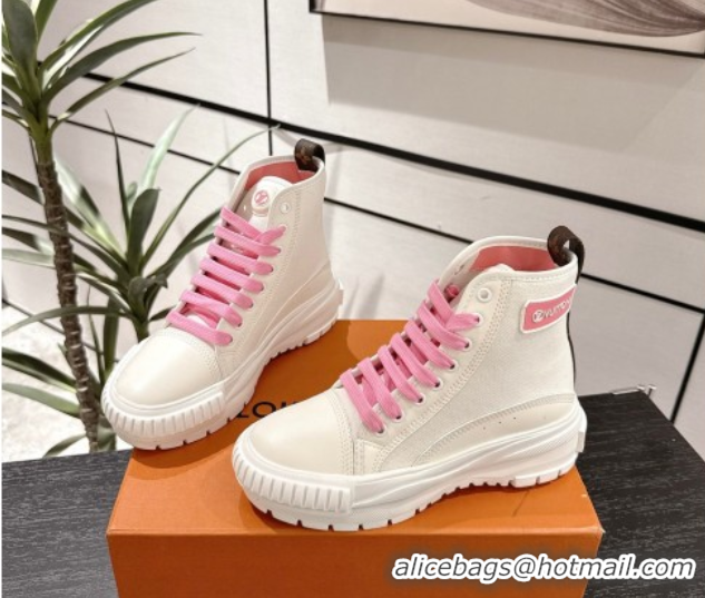 Stylish Louis Vuitton Canvas and Leather High Top Sneakers White/Light Pink 2025 LV082903 0829043